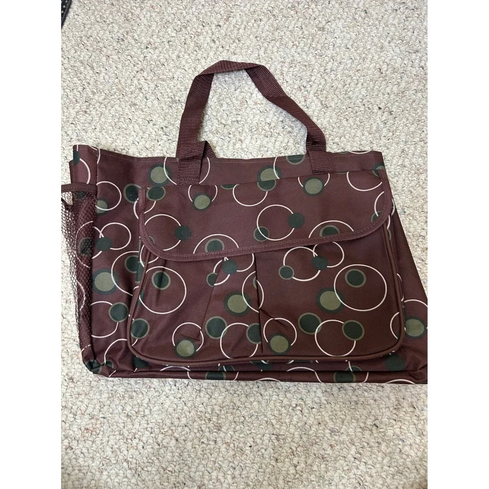 Burgundy Geometric Circle Print Utility Tote Bag with Mesh Pockets Organizer